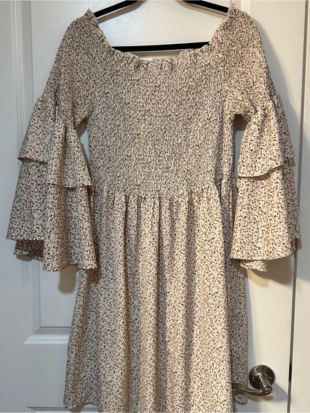 Cream Floral Smocked Dress with Ruffled Sleeves